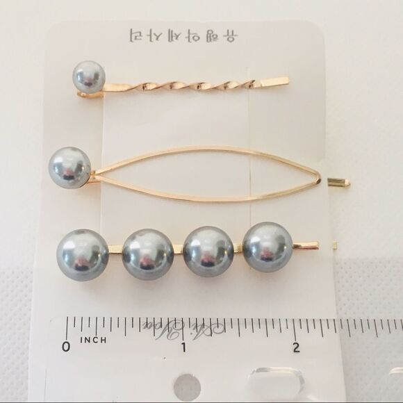 Set of 3 Black Pearl Gold Tone Hair Pins Barrettes NWT - Picture 2 of 5